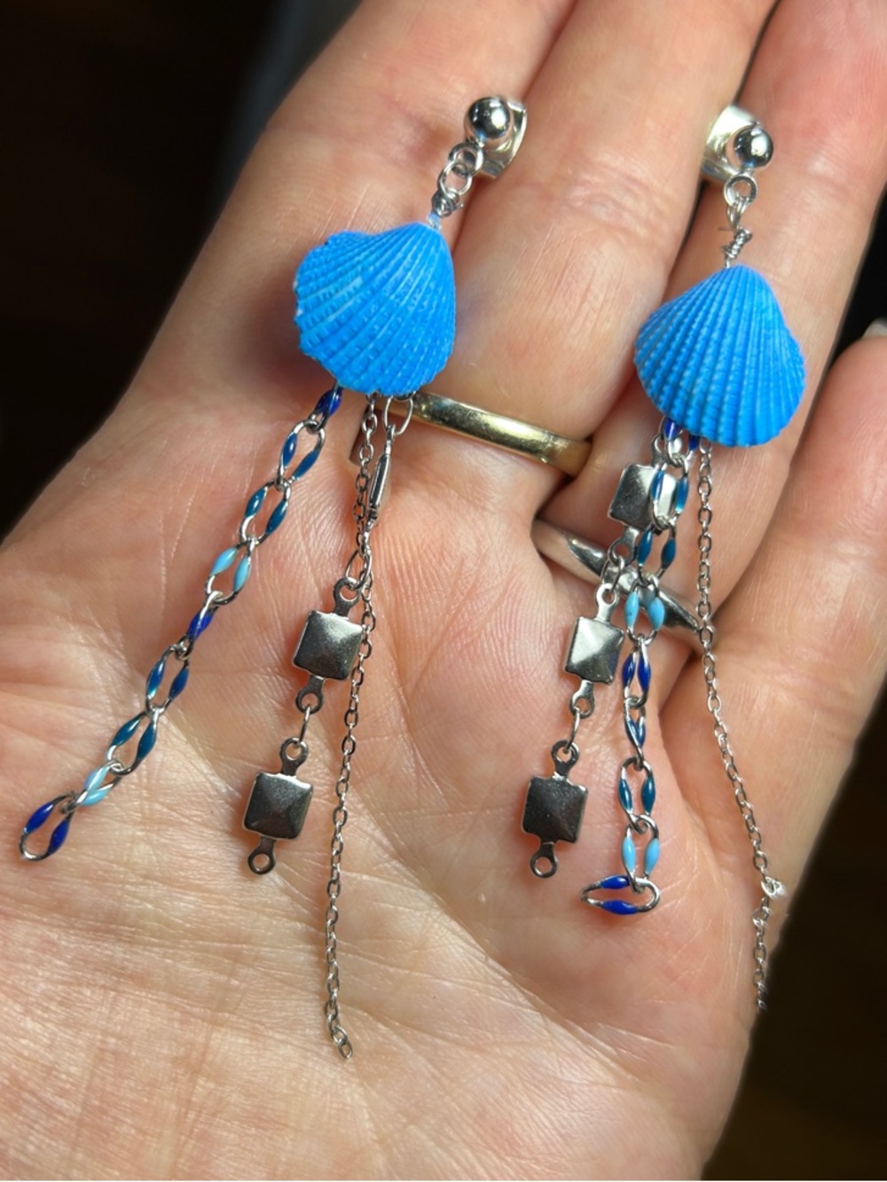 3/$25 Blue Shell Drop Earrings with Silver Chains